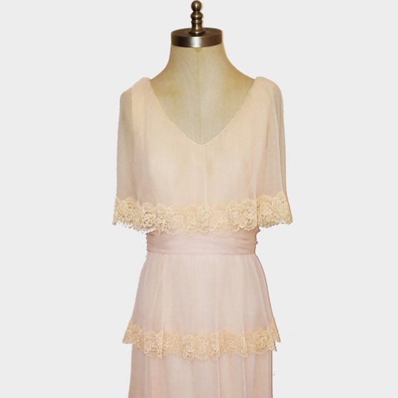 Vtg 70s Nude Blush Chiffon Lace Tiered Gown Dress - Picture 2 of 7